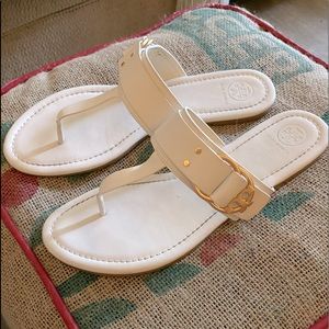 White Leather and Brushed Gold Tory Burch Sandals